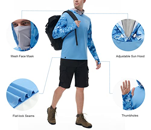 FISHEAL Men's Performance Fishing Hoodie Shirt - UPF 50+ UV Sun Protection Long Sleeve Shirts with Mesh Face Mask - color: Sparkling Blue Camo, size: X-Large