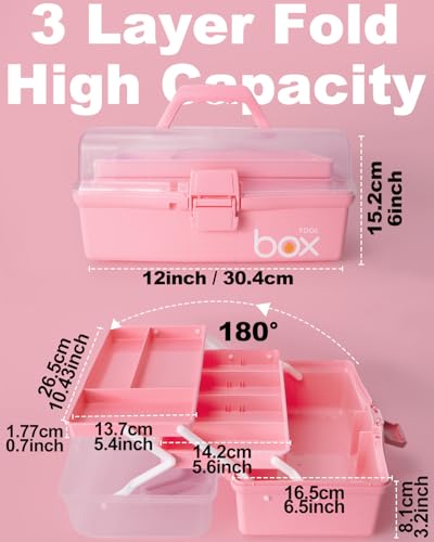 TERGOO 12in 3-Layer Plastic Craft Organizers and Storage, Portable Folding Tackle Box with Handle & Adjustable Dividers, Multipurpose Case for Sewing, Art Supplies, Medicine, Tools (Pink) - color: Pink