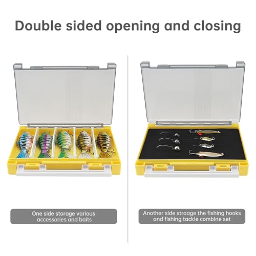 Double Sided Fishing Lure Box Organizer, Fishing Tackle Box Storage Hard Plastic Container Case for Lure Bait Hooks Beads Jewelry Earring - color: Yellow