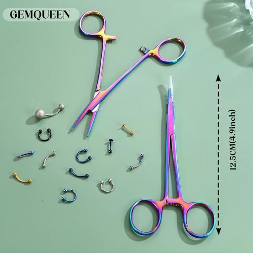 GEMQUEEN Piercing Curved and Straight Forceps for Changing Jewelry - 316L Surgical Stainless Steel Pliers Tool Set Colorful Locking Tweezers Clamps for Removal Earrings Lip Nose Rings 2 PCS - color: Colorful