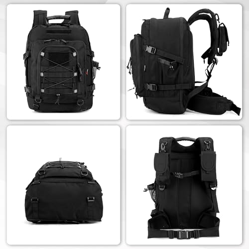 gracedon Men’s Military Style Backpack, 3-5 Day 1000D Water Resistant Tactical Pack with Zinc Alloy Zippers, Hidden Pocket & D-Ring Accessories for Outdoor Sports (Black1)