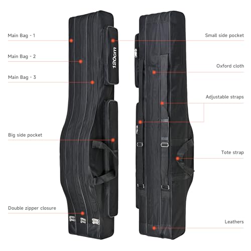 3 Layers Fishing Pole Bag,Portable 3 Layers Oxford Folding Rod Carry Case,Fishing Reel Tackle Storage Bag Case - color: Black, size: 120cm/47.2in