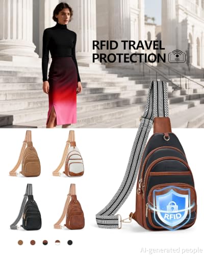 Anti Theft Crossbody Bags for Women RFID Leather Sling Purses,Crossbody Bags Travel Leather Fanny Pack for Women - color: Brown＆black