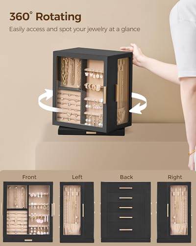 Glimmloop 360° Rotating Jewelry Box with 5 Drawers, Spacious Vertical Jewelry Organizer with Glass Window, Jewelry Storage Case, Dustproof & Moisture-resistant Design, Black - color: Black, size: 5 Drawers (6.2"D x 9.2"W x 11.4"H)