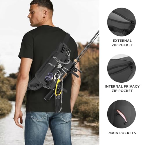 THKFISH Waterproof Fishing Waist Pack with Fishing Rod Holder, Airtight Zipper Closure, Lightweight Sling Fishing Waist Bag for Fly Fishing - color: Black