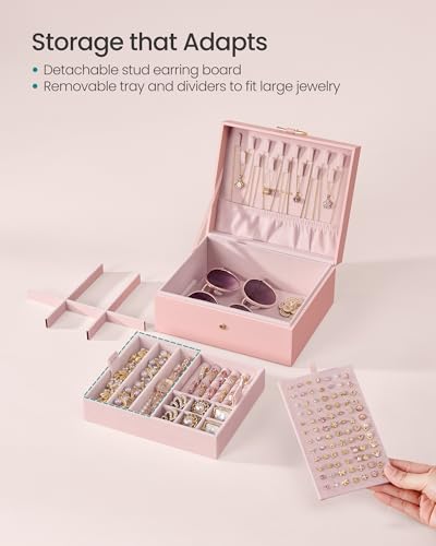 SONGMICS 2-Layer Jewelry Box Organizer, Jewelry Storage Case with Removable Tray and Handle, for Necklaces, Earrings, Rings, Bracelets, 6.7 x 8.1 x 3.7 Inches, Gift Idea, Jelly Pink UJBC208SA01S - color: Jelly Pink