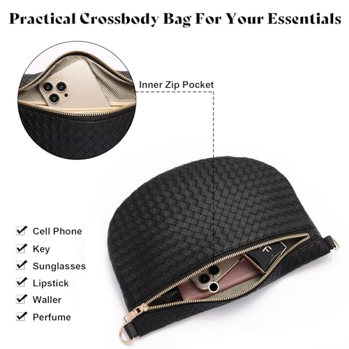 Woven Crossbody Bags for Women Leather Belt Bum Sling Purse Fanny Waist Pack Chest Shoulder Bag for Women-Black - color: Black