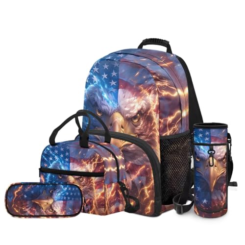 American Flag Eagle Backpack for Boys Kid's School Bag Bookbag with Insulated Lunch Bag and Pen Bag Pencil Case Water Bottle Holder Sling Bag Set - color: American Flag Eagle