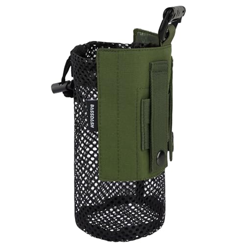 BASSDASH Tactical Molle Water Bottle Pouch with Carabiner Foldable Mesh Holder Bag for Travel Fishing Hunting Hiking Outdoor Activities - color: Army Green with Upgraded Molle Straps