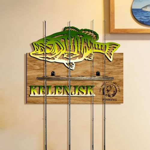 Personalized Fishing Rod Holder Wall Mount Custom Name Fishing Pole Rack for 6 Rods, Wooden Fishing Pole Rod Holders for Garage Storage Organizer Gifts for Men Women (6 Slots)