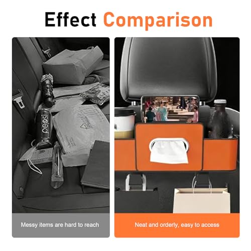 4-in-1 Back Seat Car Organizer, Multifunctional Hanging Back Seat Storage Box, Partition Design with Phone Holder Tissue Box Cup Holders Hooks, Universal for Most Cars SUVs Trucks (Orange) - color: Orange
