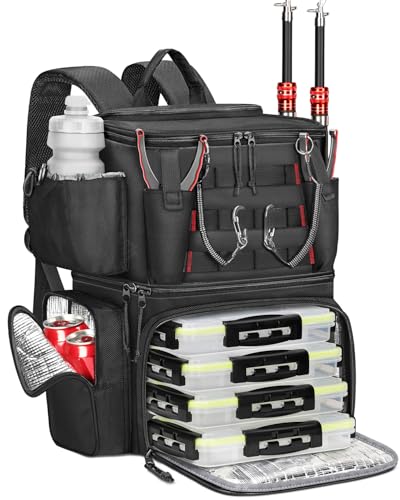 MATEIN Fishing Backpack with 4 Tackle Boxes, Fishing Bag with Rod Holder & Safety Compass & Cooler, Gifts for Fishermen - color: Black
