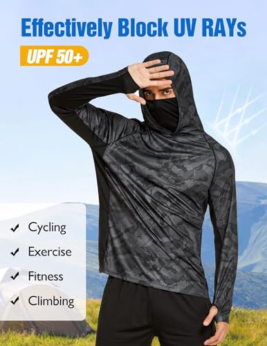 COOrun Men's Hooded Sun Shirts with Mask Fishing Shirts for Men Long Sleeve UPF 50 Rash Guards Cooling Hoodies Hiking Shirts - color: Black, size: Small