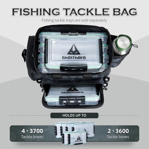 Ghosthorn Fishing Tackle Bag with Rod Holder Saltwater & Freshwater Resistant Large Tackle Box Bag - Adjustable Padded Shoulder Strap (Black Camouflage) - color: Black Camo, size: Large