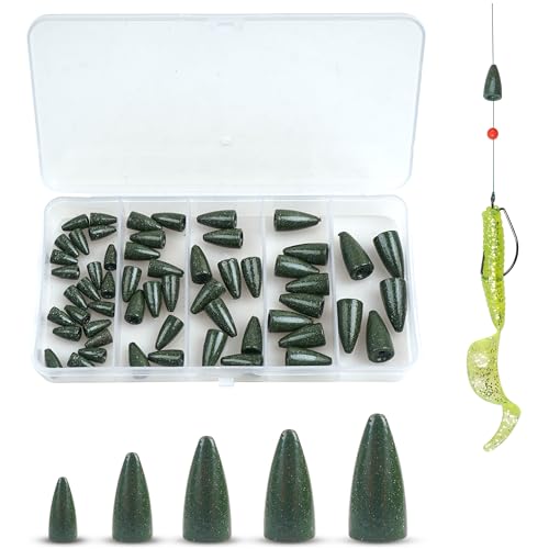 Bullet Fishing Weights Sinkers, 30pcs Worm Slip Sinkers Weight for Bass Fishing Carolina Rig Texas Rig Drop Casting Sliding Weights Saltwater Freshwater - size: 55pcs Weights Kit