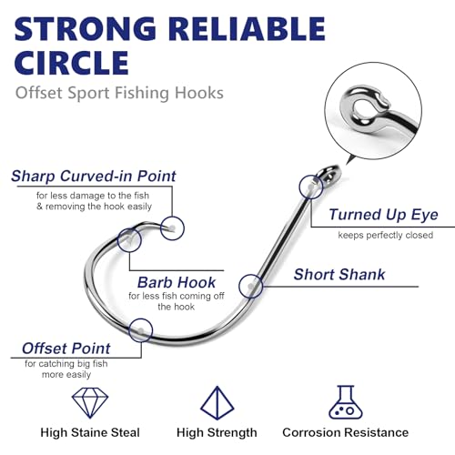 UCEC Circle Hooks Fishing Hooks 2X Strong Offset Circle Hooks Saltwater Black High Carbon Steel Octopus Catfish Hooks Fishing Gear Tackle 150pcs/ 240pcs - Size:#1 1/0 2/0 3/0 4/0 5/0 6/0 8/0 - color: Silver Assortment, size: 150pcs, #1 1/0 2/0 3/0 4/0 5/0