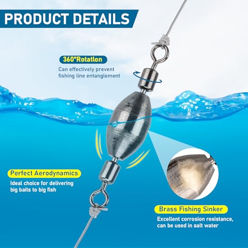 THKFISH Brass Fishing Sinker Swivel, 5 Size Trolling Sinkers Swivel Weights Quick Set Up Lead Fishing Sinker with Inner Swivel Rolling for Fishing Saltwater Freshwater,1/32-1/2 OZ - size: 1/4OZ-10PCS