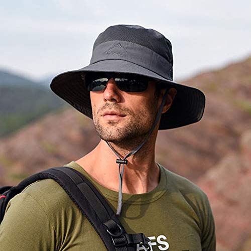 Fishing Hat for Men & Women, Outdoor UV Sun Protection Wide Brim Hat with Face Cover & Neck Flap - color: Dark Grey