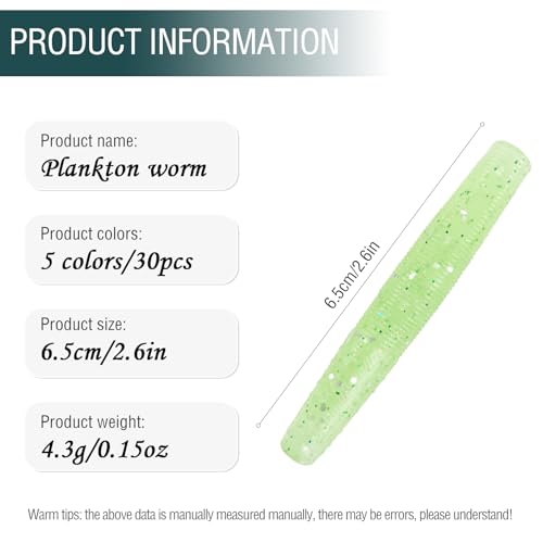 30 Pcs Finesse Ned Worms Soft Plastic Fishing Lures for Bass Fishing 5 Colors Mixed 2.6in/0.15oz