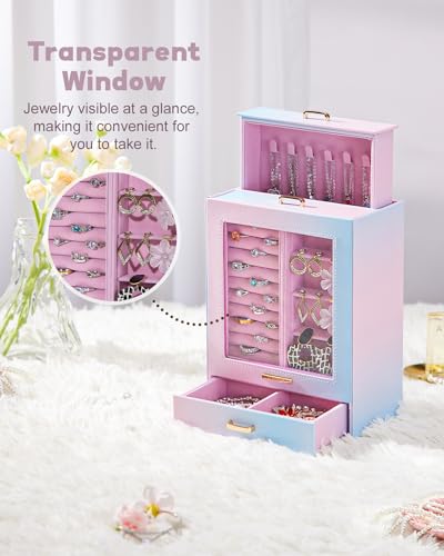 Homde Jewelry Organizer Girls Women Jewelry Box for Necklaces Rings Earrings Gift Bracelets Storage Case (Blue - Pink Gradient + Gold) - color: Blue - Pink Gradient + Gold