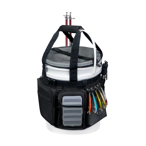 Fishing Bucket Organizer with Bucket Cover Fishing Tackle Bag with Rod & Plier Holder, Multi-Pockets for 5 Gallon Bucket Fishing Gear & Accessories Father Gifts - color: Black