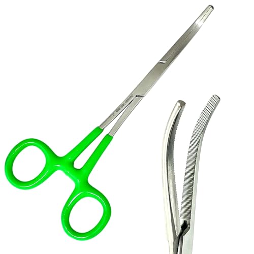 German Vinyl Grip Locking Straight & Curved Hemostat -Hemostat Forceps- Stainless Steel Locking Tweezer Clamps - Ideal Hemostats for Nurses, Fishing Forceps, Crafts and Hobby (Green STR+CVD 6.25")