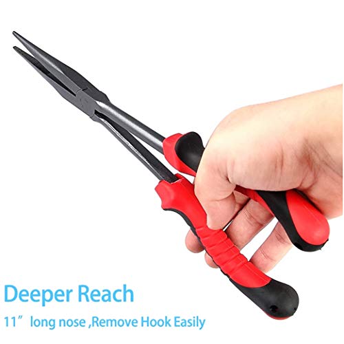 11" Long Nose Fishing Pliers, Straight & Bent Jaws, PTFE Coated Corrosion Resistant, Hook Remover & Braid Cutter Fishing Needle Nose Pliers, Saltwater Freshwater Gear for Bass Snook Trout - color: Blue - Curved Needle Nose Pliers
