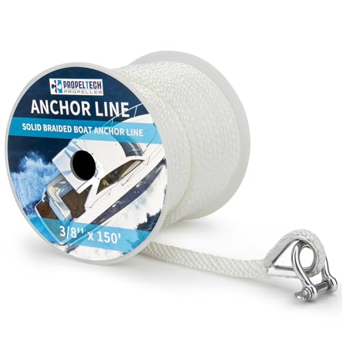 Anchor Rope Braided Anchor Line(White, 3/8" x 150') Premium Solid Braid MFP Boat Rope with Stainless Steel Thimble & Shackle, Quality Marine Line, Boat Accessories - style: 3/8" x 150'