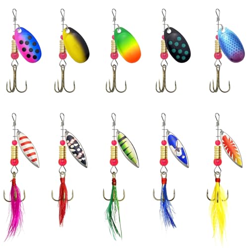 10 Pcs Inline Spinner Fishing Lures Kit, Hard Metal Spinnerbaits with Box | Realistic Rooster Tail Style Baits Freshwater Gear Set for Trout Bass Salmon Walleye Crappie Fishing Tackle Accessories