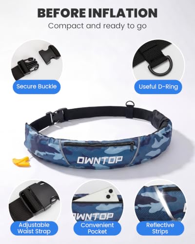 Owntop Manual Inflatable Belt Pack, Adults Swim Jacket with Blowpipe & Whistle, 24g CO2 Cylinder Included, Low Profile for Kayaking, Fishing, Paddle Sports - color: Camo Blue, size: One Size