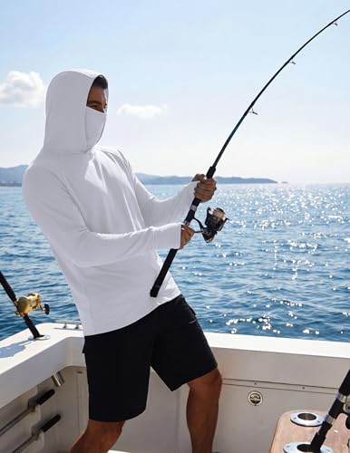 COOFANDY Mens UPF 50+ Sun Protection Hoodie with Mask Lightweight Long Sleeve SPF Fishing Shirts UV Hiking Running Rash Guard - color: White, size: X-Large
