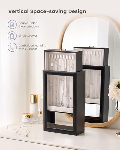 Lolalet Upgraded Double-Sided Hanging Necklace Organizer Box, Jewelry Display Case with Double-Sided Clear Window for Necklaces Bracelets, Tangle-Free Necklace Storage Box, Black, 1-Layer 20 Hooks - color: Black, size: 1-Layer, 20 Hooks