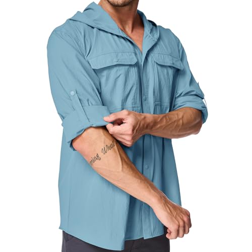 Mens Sun Protection Hiking Fishing Safari Shirts with Hood Long Sleeve Outdoor Quick Dry Shirts Hoodie - color: 5105 Blue, size: X-Large