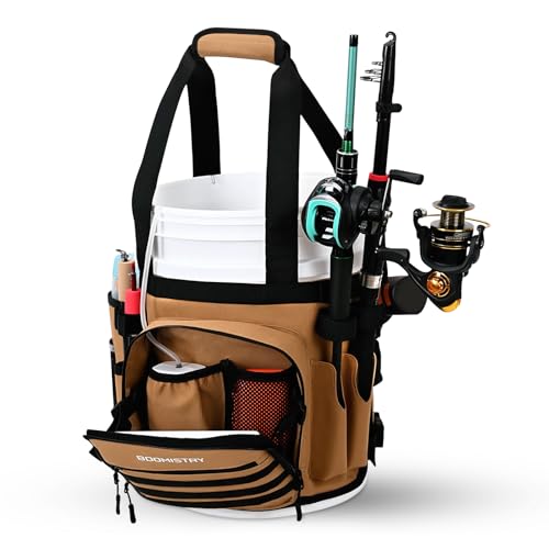Boomistry Fishing Bucket Organizer for 5 Gallon Bucket, Khaki | 15 Multi-Pockets, 4 Built-in Rod Holder Storage, 3 Adjustable Buckles, for All Fishing Gear & Tackle Accessories - color: Khaki