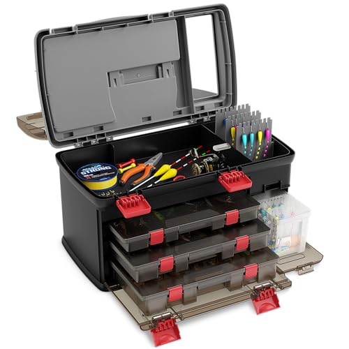 Goplus Large Tackle Box, Portable Fishing Storage w/ 3 Customizable Boxes & Side Storage, Double-layer Top Compartment, Premium Box for Tackle & Tool Organization