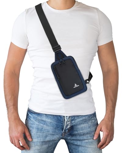 Peicees Small Crossbody Sling Bag Chest Bag Dual Pocket Water Resistant Fanny Pack Running Phone Holder for Men Women Workout Travelling, Dark Blue - color: Dark Blue