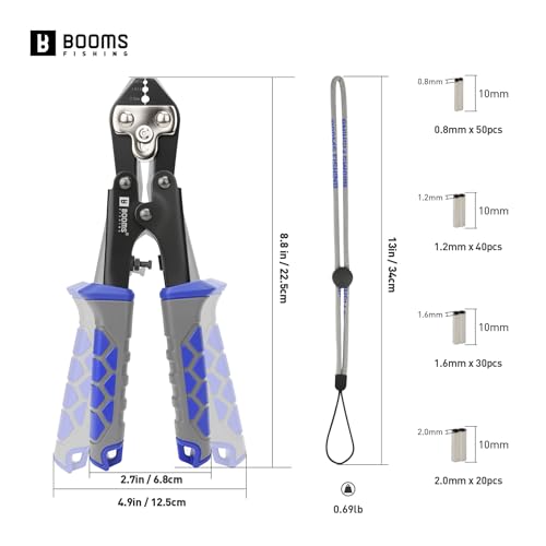 Booms Fishing Crimping Pliers Kit: 8.8in Crimper Tool for Wire & Mono Lines Up to 2.2mm -Includes 140pcs Double Barrel Sleeves - XW42 Saltwater Freshwater Rigging Tool - style: Crimper with 140pcs Sleeves