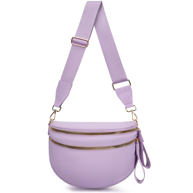 Pure Colour Crossbody Bum Bags for Women Spacious Checkered Cross body Bag Nylon Trendy Fanny Pack for Travel - color: Light Purple