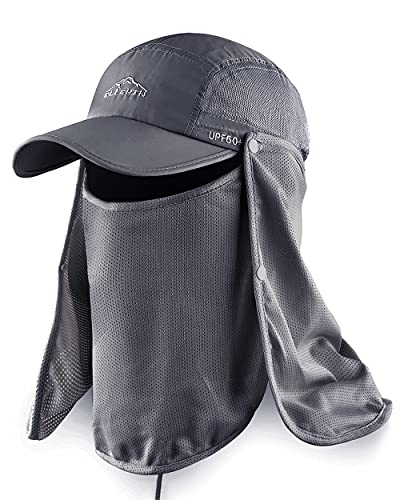 Outdoor Sun Hat for Men Women UPF 50+ Fishing UV Hat with Neck Flap Face Cover for Sun Protection - color: Grey-regular Brim