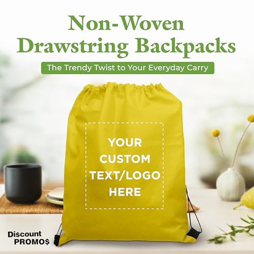 DISCOUNT PROMOS Custom Non-Woven Drawstring Backpacks Set of 10/50/100, Personalized Bulk Pack - color: Yellow, size: 10/50/100