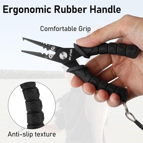 Dr.Fish Fishing Split Ring Pliers Fish Lip Gripper Hook Remover Grey | Freshwater & Saltwater Fishing Tools: 420 Stainless Steel Lip Gripper Hook Remover with PVC Handle, Lanyards and Sheath - color: Grey-6"