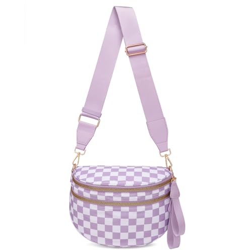 Pure Colour Crossbody Bum Bags for Women Spacious Checkered Cross body Bag Nylon Trendy Fanny Pack for Travel - color: Light Purple Checkered