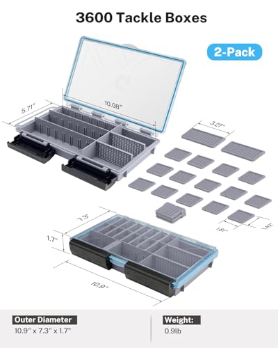 Gonex Fishing Tackle Boxes, 2-Pack Waterproof 3600 Tackle Trays with Adjustable Dividers, Portable Clear Plastic Tackle Organizers with DIY Dividers for Lures, Hooks, Bass Gear, Gray - size: 2pcs 3600 (10.9x7.3x1.7inch)