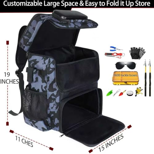 Fishing Backpack with Rod Holder, Large 50L Tackle Bag Water Resistant Tackle Backpack Heavy Duty Fishing Bag Gift for Men Woman - color: Camo Black without Tackle Boxes or Fishing Tools