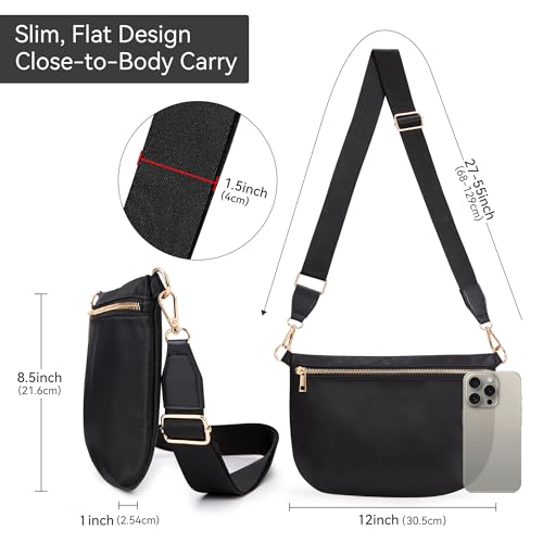 KALIDI Black Crossbody Bags for Women Travel Flat Fanny Packs for Woman Men Nylon Cross Body Purse Fashion Belt Bum Bag - color: Pure Black