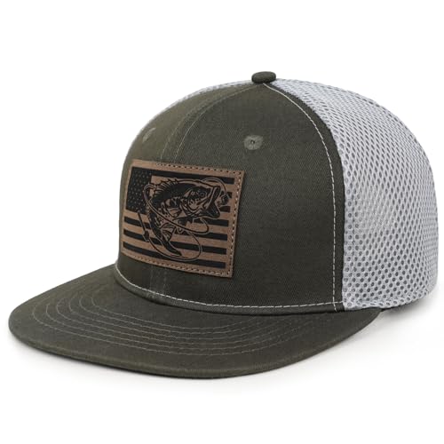 Fishing Gifts for Men - Snapback & Trucker Hats - American Flag Outdoor Fishing Hat - color: 10.olive Flatbrim (Bassflag)