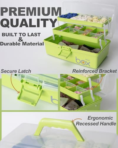 TERGOO 12in 3-Layer Plastic Craft Organizers and Storage, Portable Folding Tackle Box with Handle & Adjustable Dividers, Multipurpose Case for Sewing, Art Supplies, Medicine, Tools (Green) - color: Green
