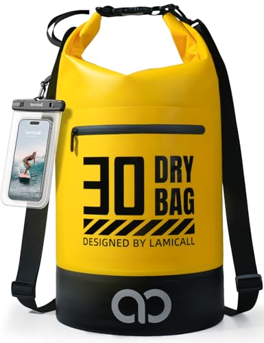 Lamicall Waterproof Dry Bag with Phone Pouch - 5L/10L/20L/30L/40L Floating Roll Top Backpack for Kayaking Boating Beach Camping Fishing - Heavy Duty 500D PVC Marine Dry Sack for Men,Women, Yellow 30L - color: Lemon Yellow, size: 30L