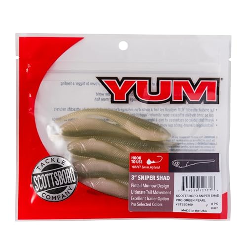 YUM Sniper Shad Soft Plastic – Realistic Minnow Bass Fishing Lure, Jig Head & Underspin Trailer, 3” 4” 5” Sizes, Multiple Colors - color: Pro Green Pearl, size: 3"