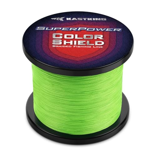 KastKing Superpower ColorShield Braided Fishing Line - Colorfast Braided Line, 100% Solution Dyed UHMWPE Fiber, Smooth & Strong Superline, Near Zero Stretch, Sensitive, High Abrasion Resistance - color: X4-Neon Green, size: 30LB-(150yds）